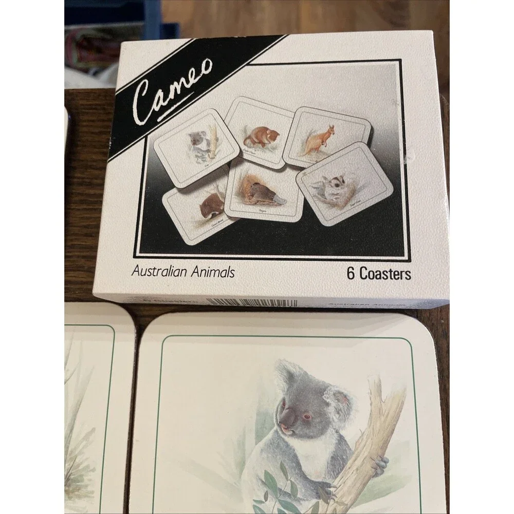 Vintage Set of 6 Cameo Australian Animals Cork Back Coasters Wildlife